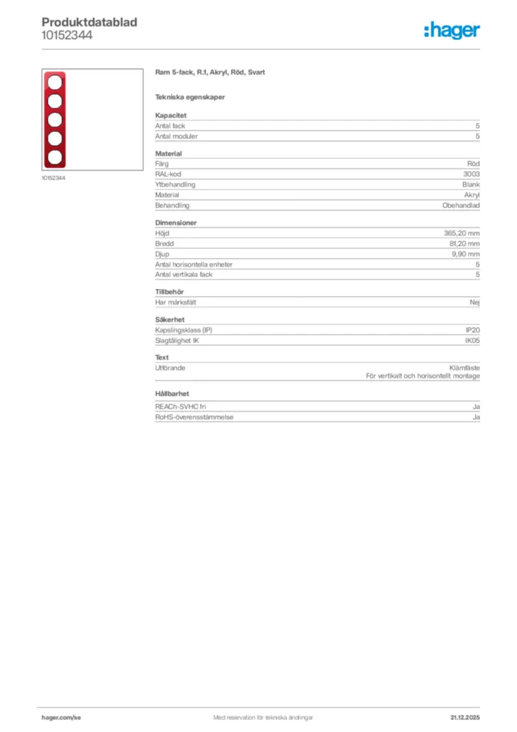 Bild Hager Produktdatablad 10152344 | Hager Sverige