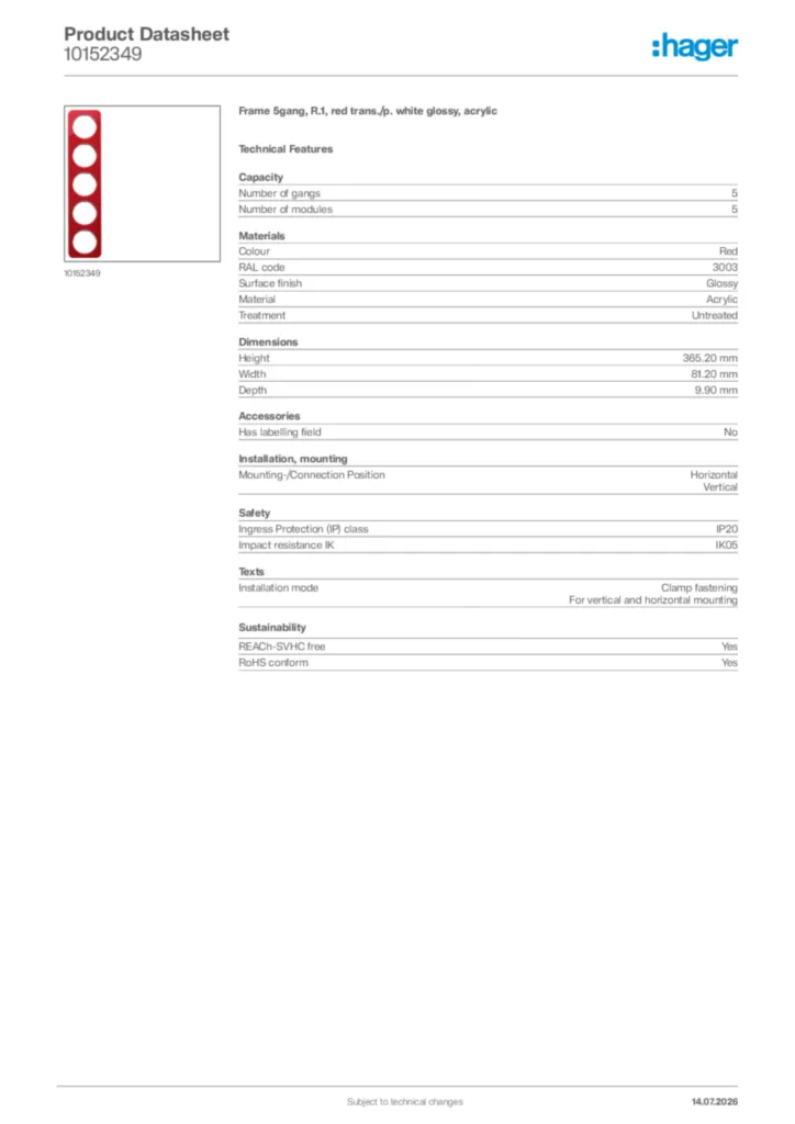 Image Hager Product data sheet 10152349  | Hager Africa