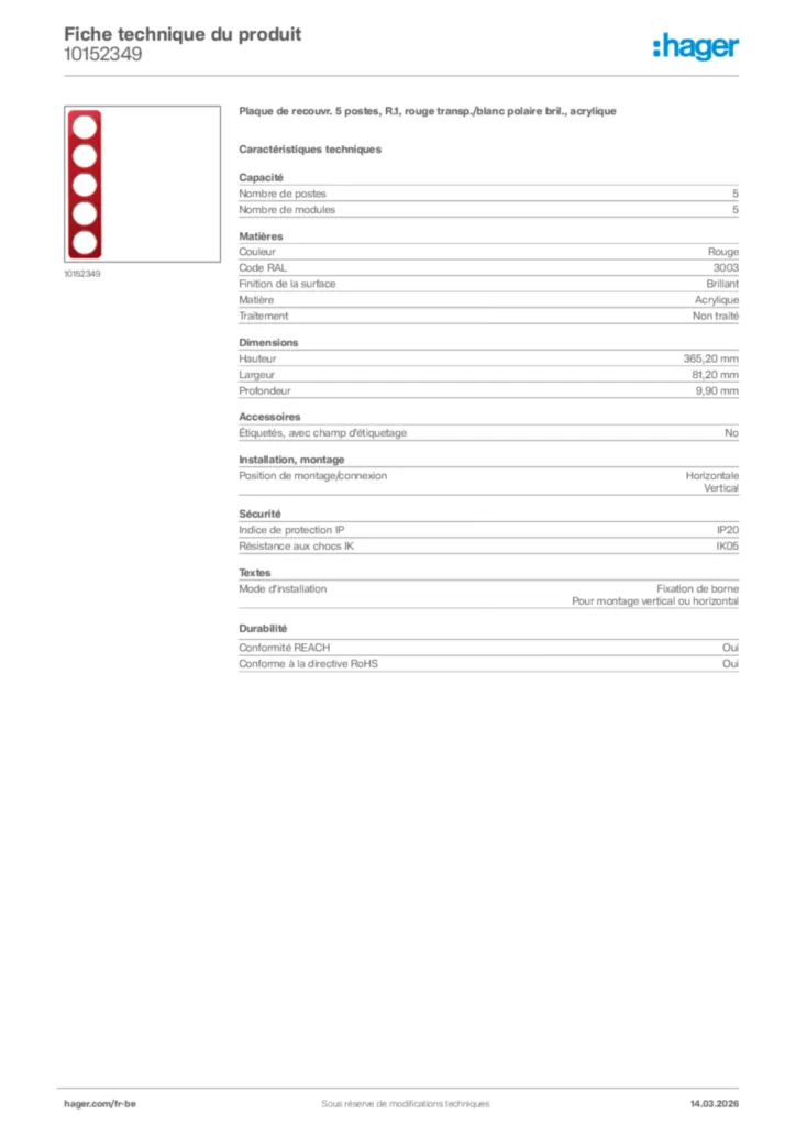 Image Hager Fiche technique du produit 10152349 | Hager Belgique