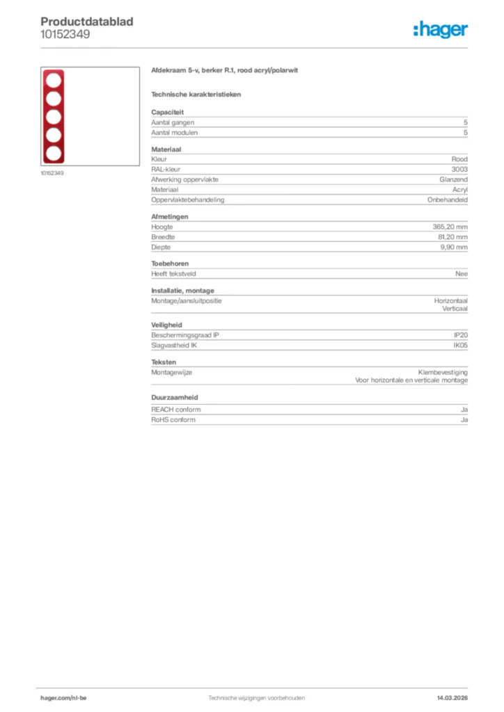 Afbeelding Hager Productdatablad 10152349 | Hager Belgium