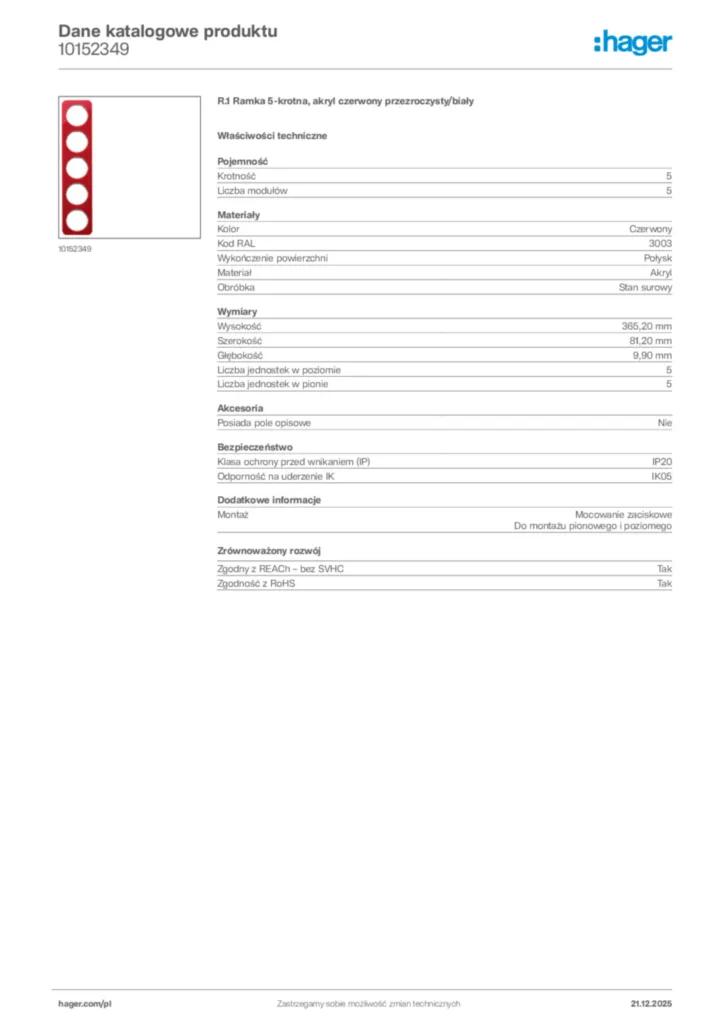 Zdjęcie Hager Dane katalogowe produktu 10152349 | Hager Polska