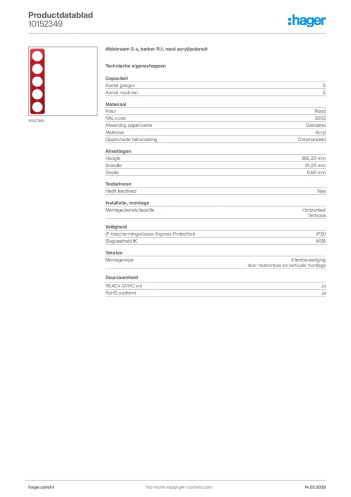 Afbeelding Hager Productdatablad 10152349 | Hager Nederland