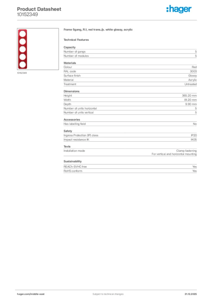 Image Hager Product data sheet 10152349  | Hager