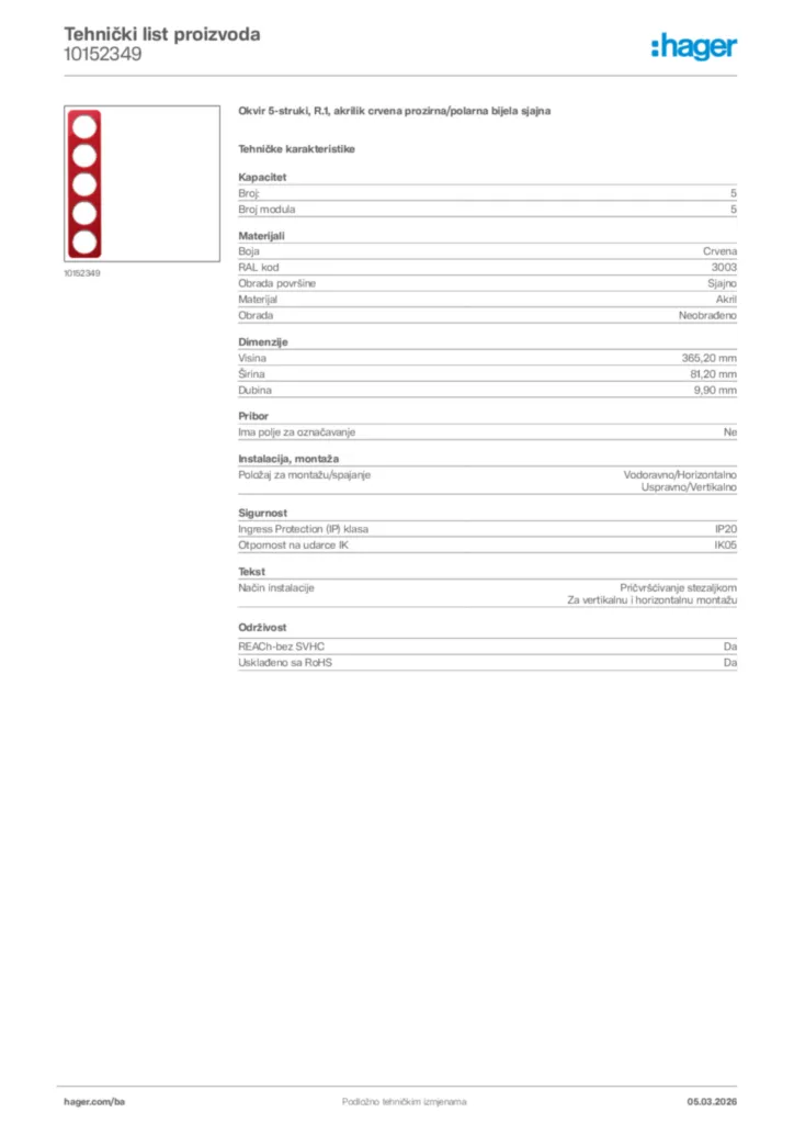 Slika Hager Tehnički list proizvoda 10152349  | Hager