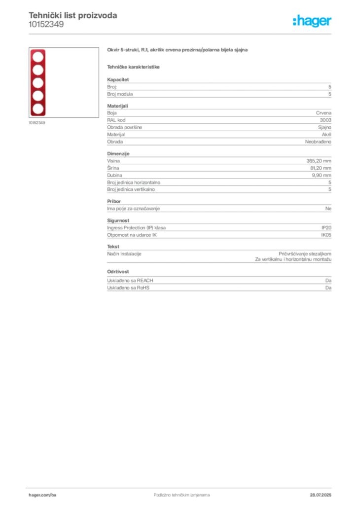 Slika Hager Product data sheet 10152349  | Hager