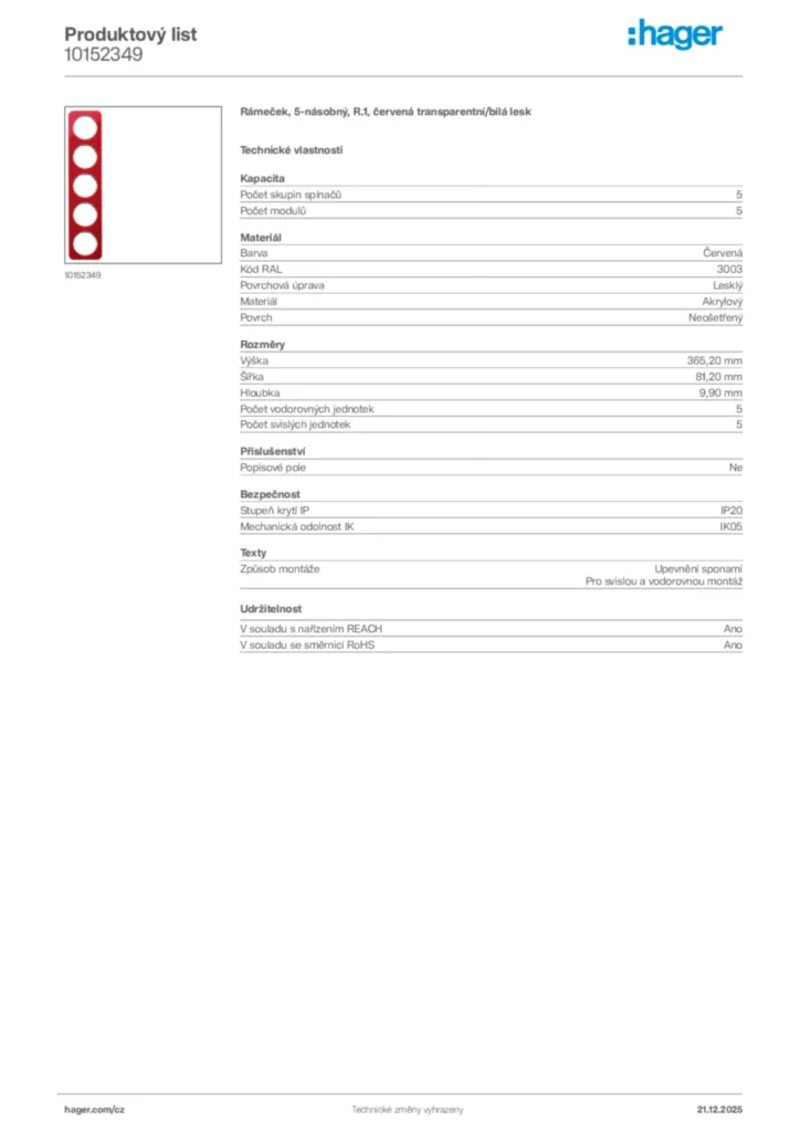 Obrázek Hager Produktový list 10152349 | Hager