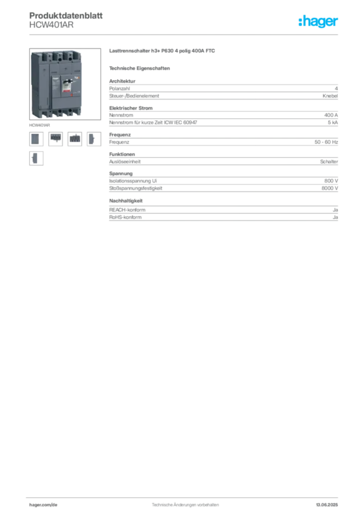Hager Produktdatenblatt HCW401AR