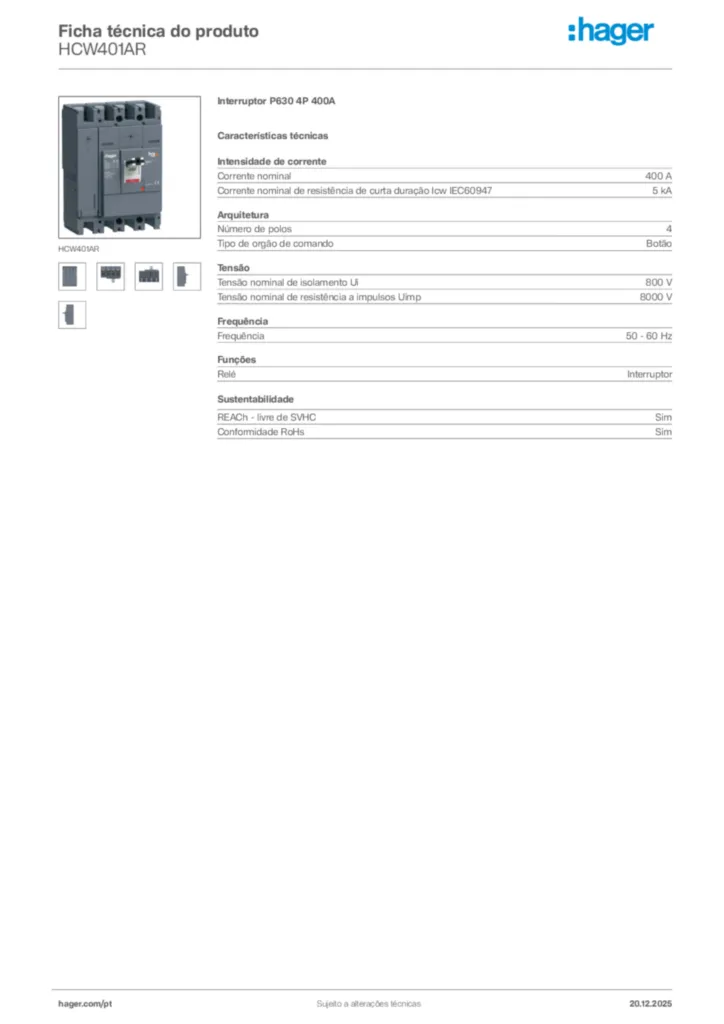 Imagem Hager Ficha técnica do produto HCW401AR | Hager Portugal