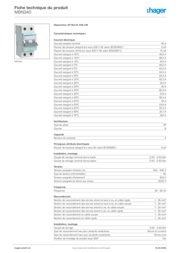 Image Hager Fiche technique du produit MBN240 | Hager Suisse