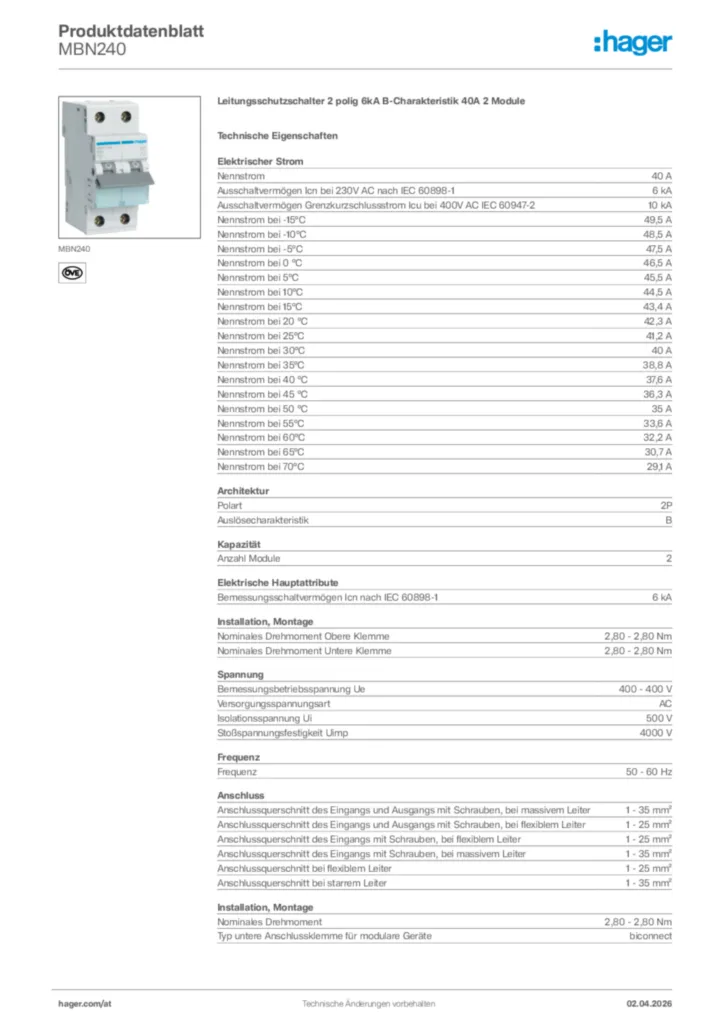Bild Hager Produktdatenblatt MBN240 | Hager Deutschland
