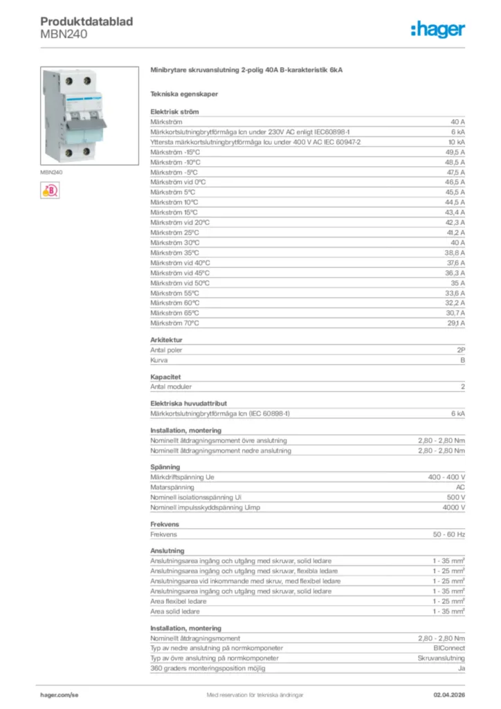 Bild Hager Produktdatablad MBN240 | Hager Sverige