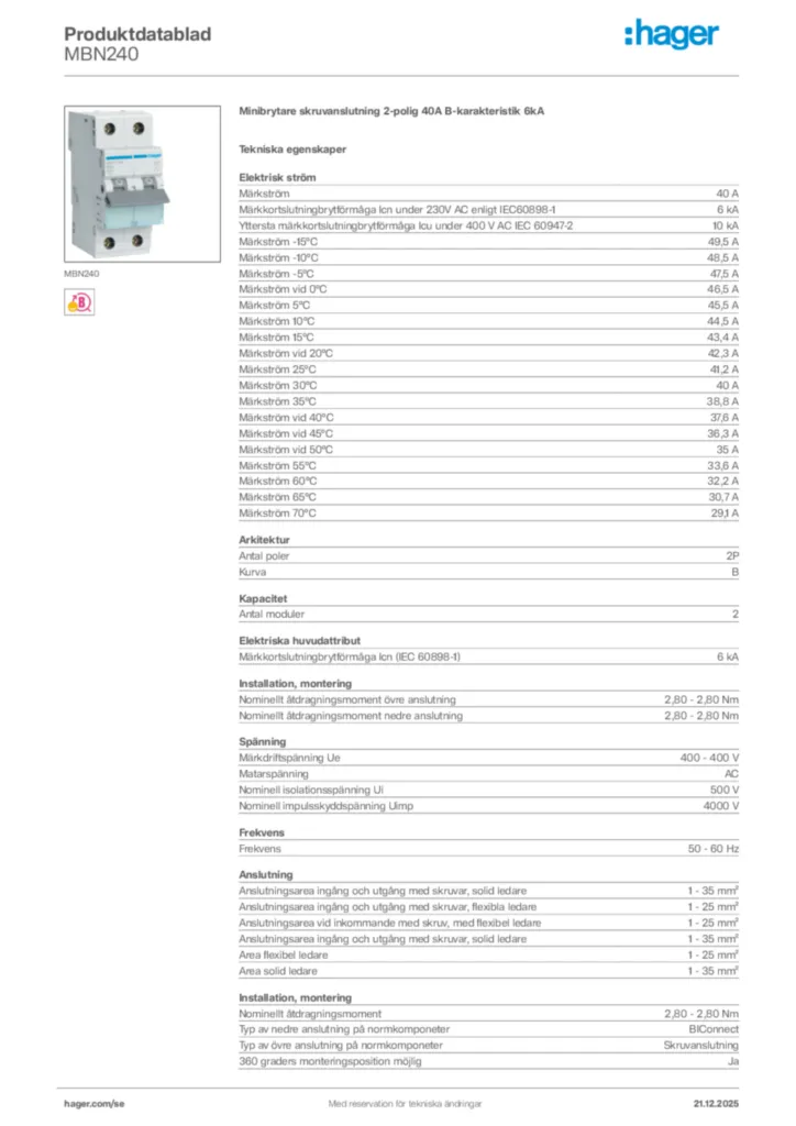 Bild Hager Produktdatablad MBN240 | Hager Sverige