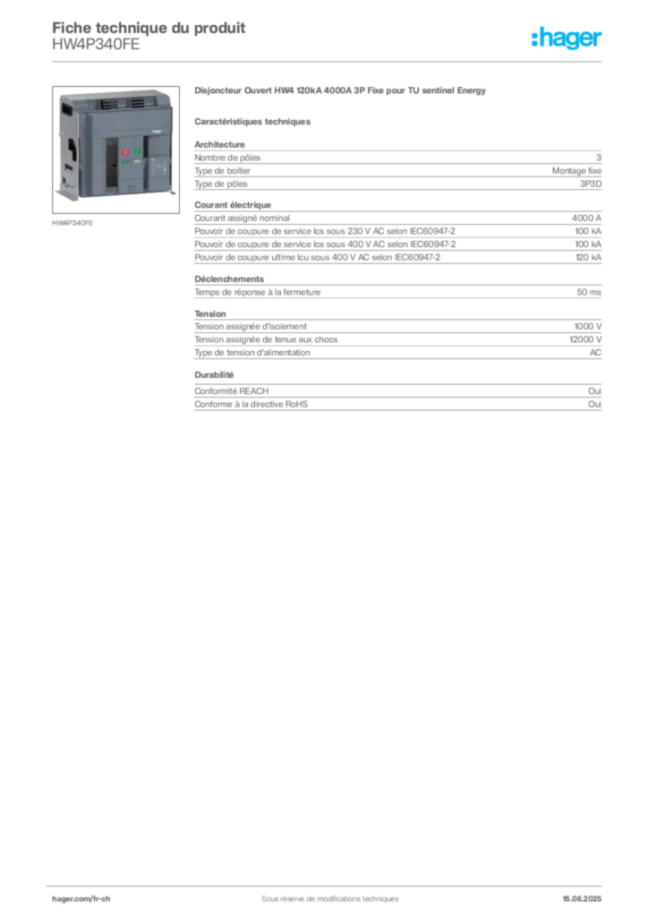 Image Hager Fiche technique du produit HW4P340FE | Hager Suisse
