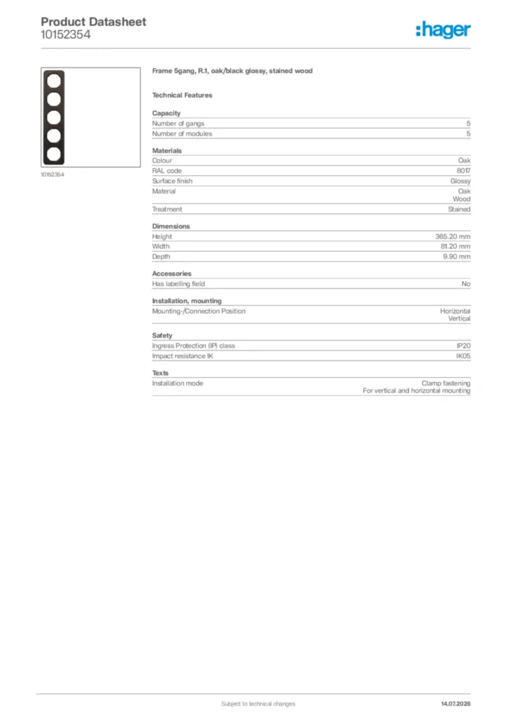 Image Hager Product data sheet 10152354  | Hager Africa
