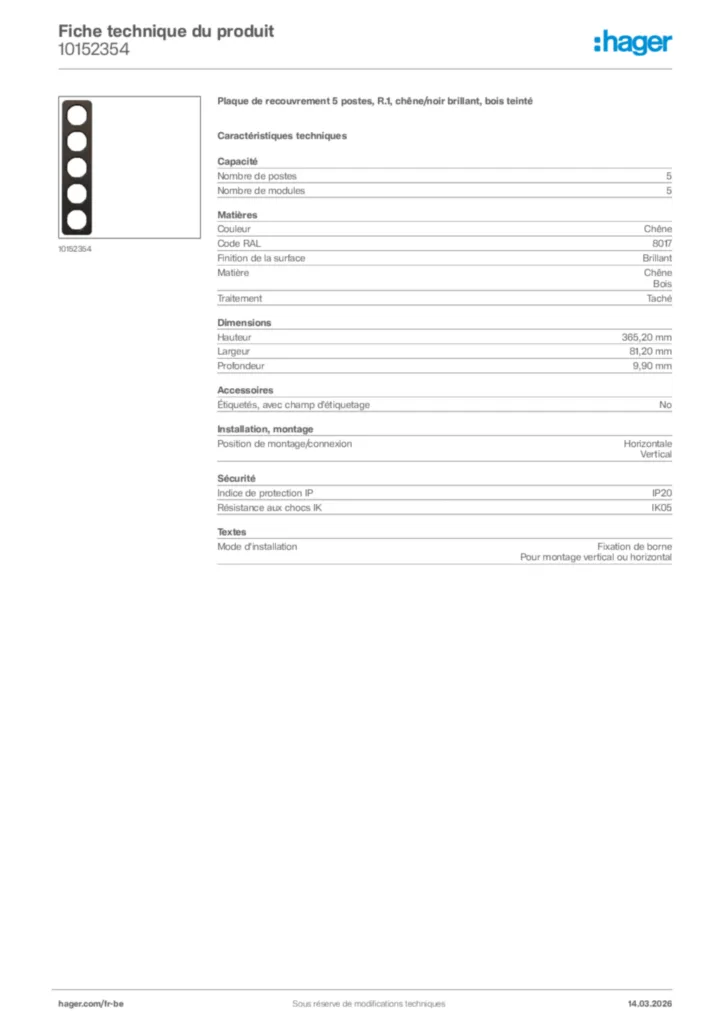 Image Hager Fiche technique du produit 10152354 | Hager Belgique