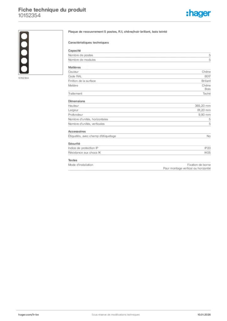 Image Hager Fiche technique du produit 10152354 | Hager Belgique