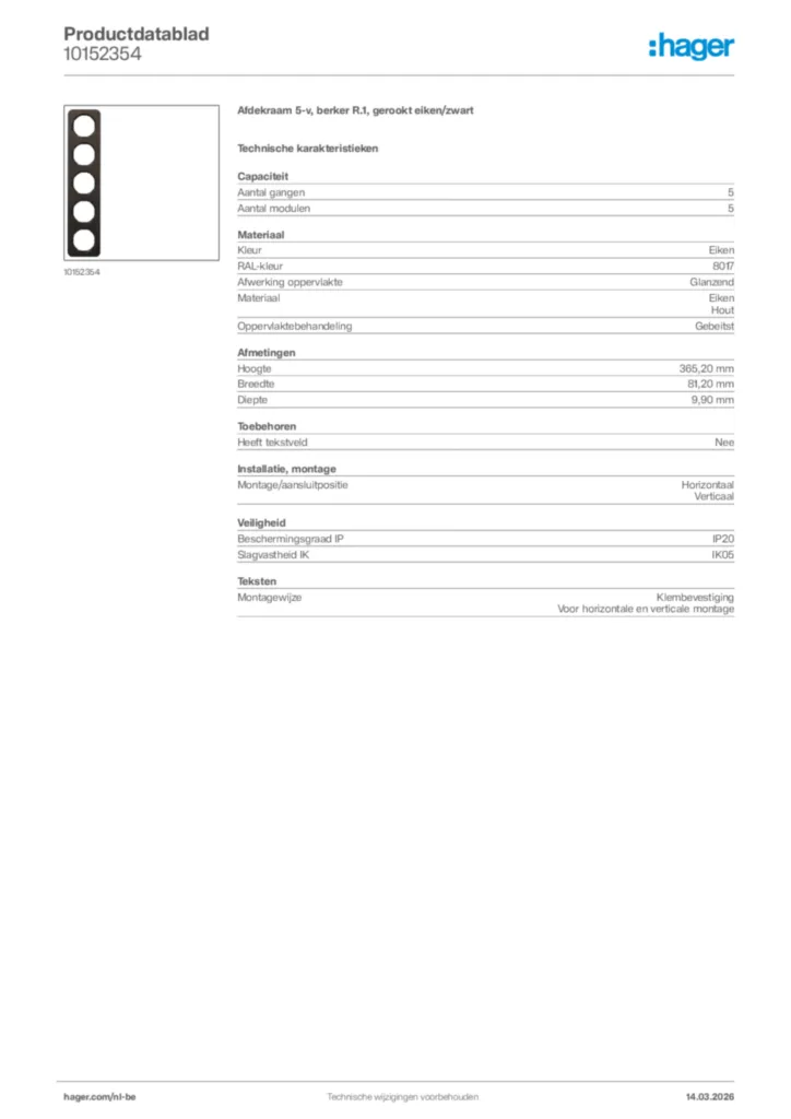 Afbeelding Hager Productdatablad 10152354 | Hager Belgium