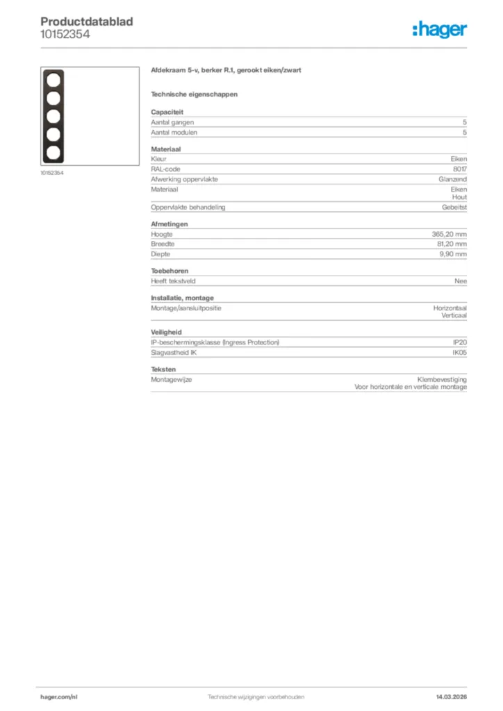 Afbeelding Hager Productdatablad 10152354 | Hager Nederland