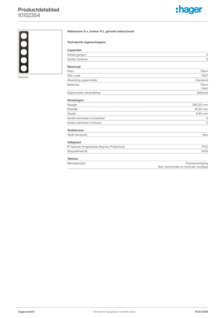 Afbeelding Hager Productdatablad 10152354 | Hager Nederland