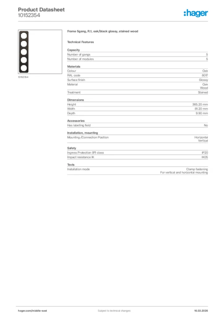 Image Hager Product data sheet 10152354  | Hager