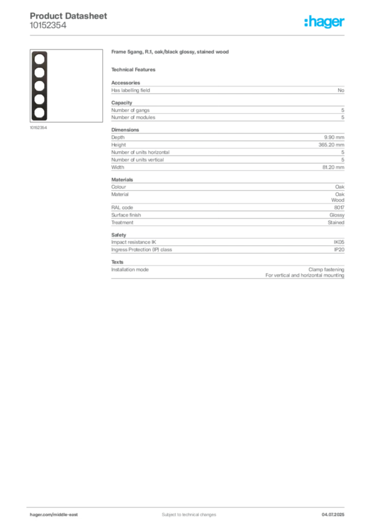 Image Hager Product data sheet 10152354  | Hager