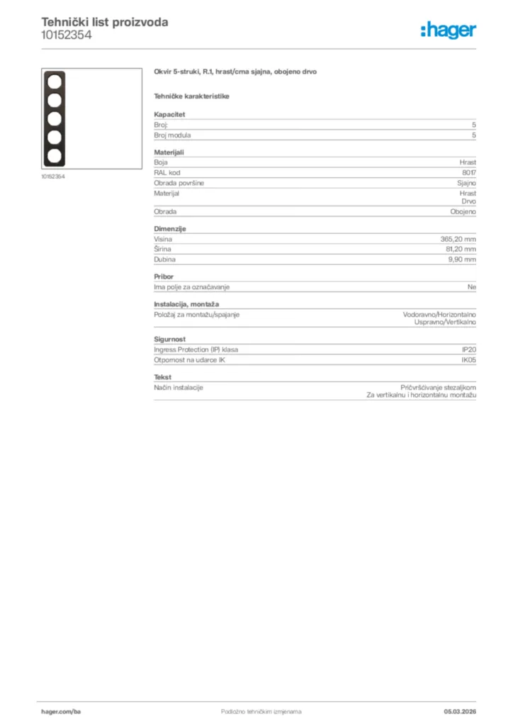 Slika Hager Tehnički list proizvoda 10152354  | Hager