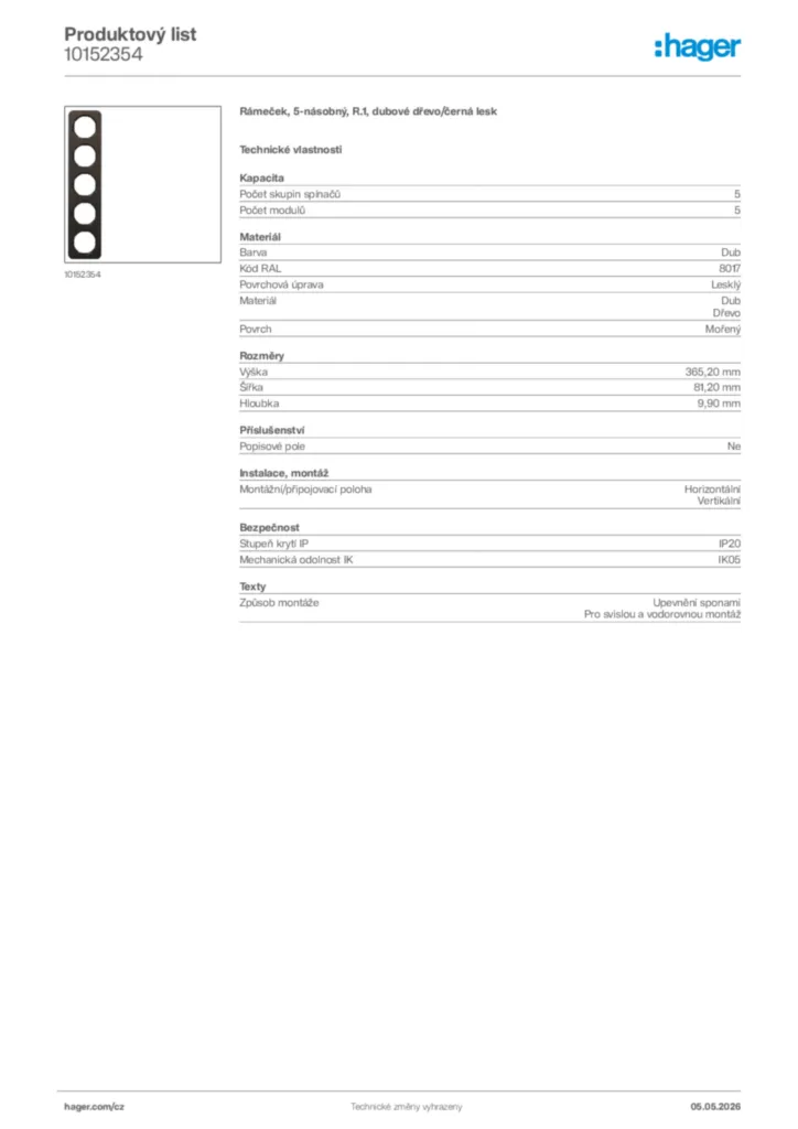 Obrázek Hager Product data sheet 10152354 | Hager