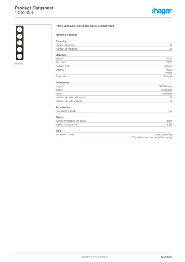Image Hager Product data sheet 10152354  | Hager