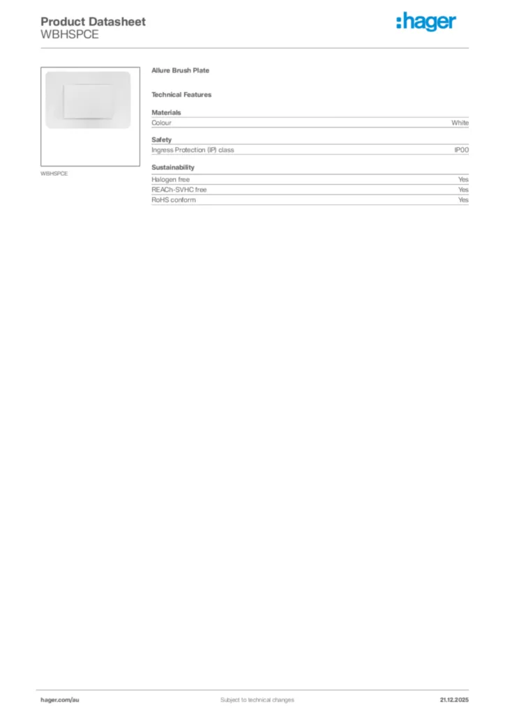 Image Hager Product data sheet WBHSPCE  | Hager Australia