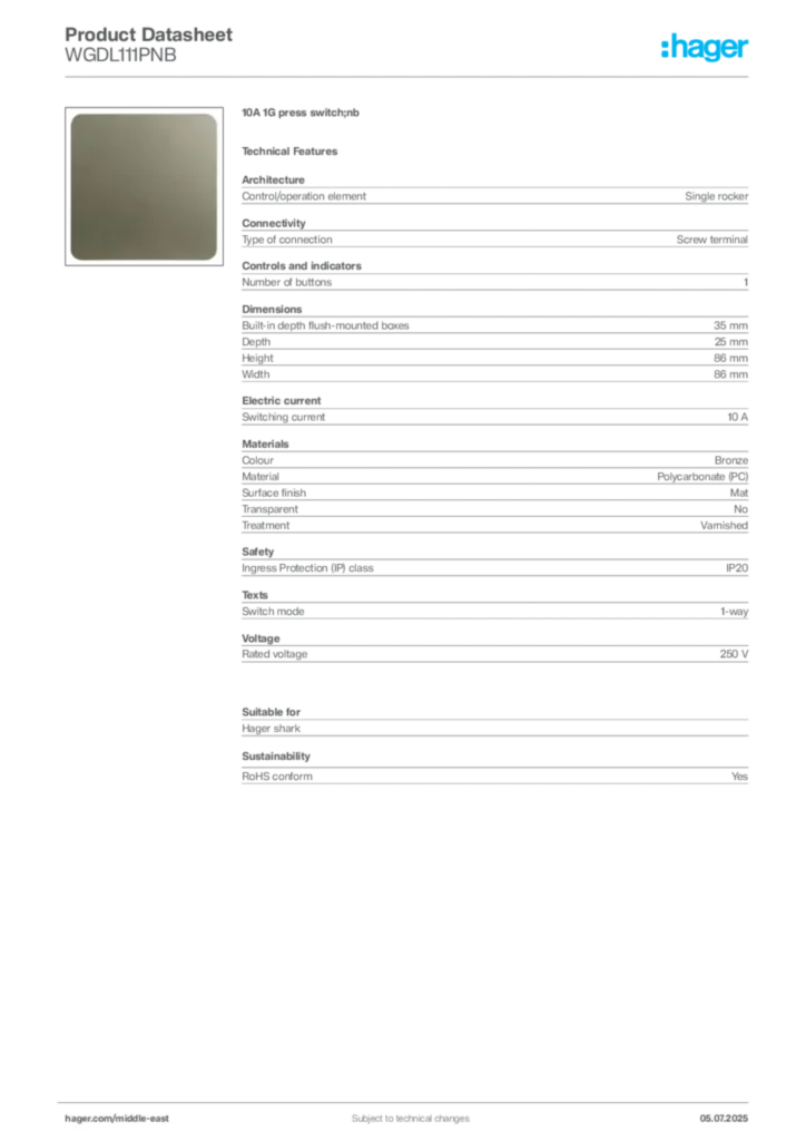 Image Hager Product data sheet WGDL111PNB  | Hager