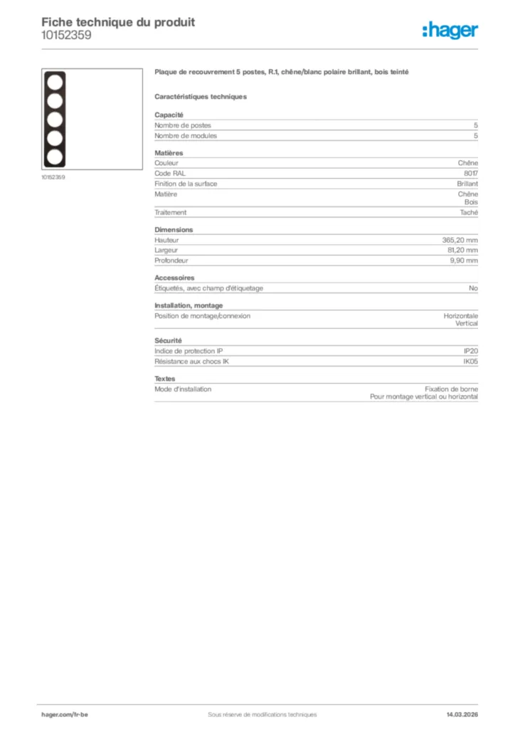 Image Hager Fiche technique du produit 10152359 | Hager Belgique