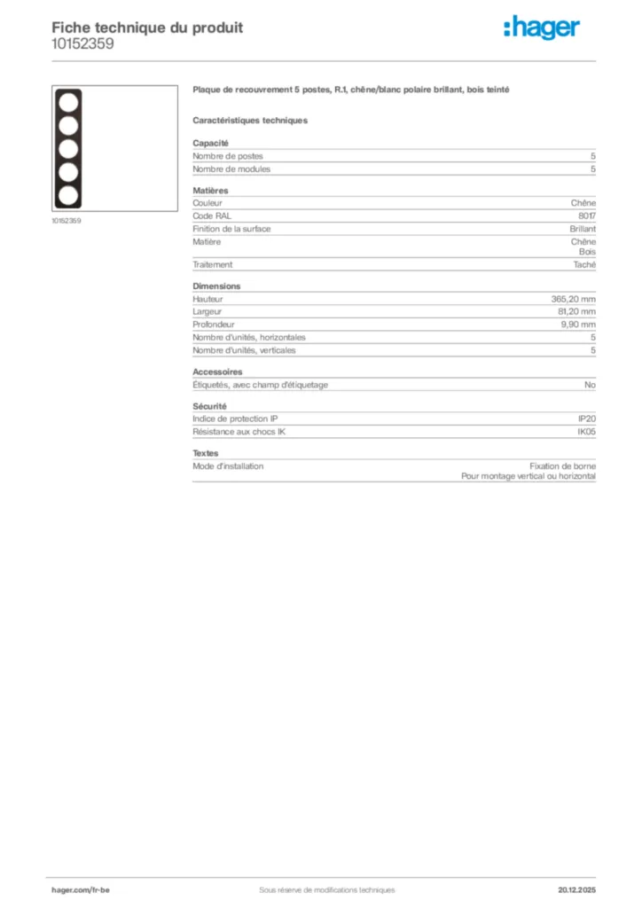 Image Hager Fiche technique du produit 10152359 | Hager Belgique