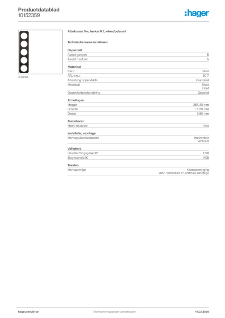 Afbeelding Hager Productdatablad 10152359 | Hager Belgium