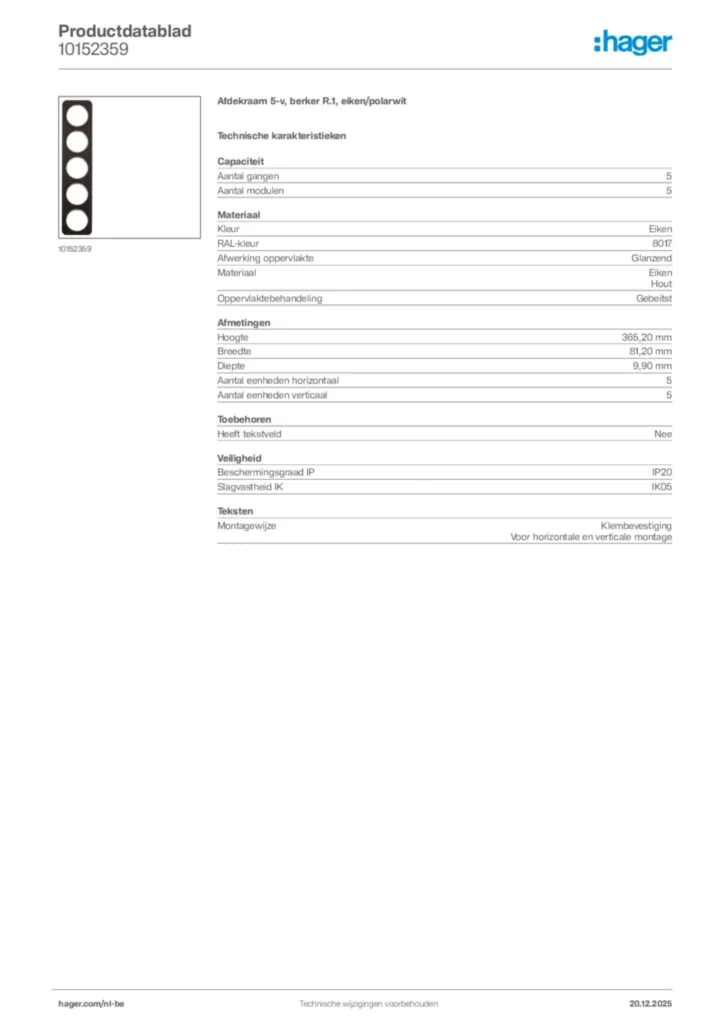 Afbeelding Hager Productdatablad 10152359 | Hager Belgium