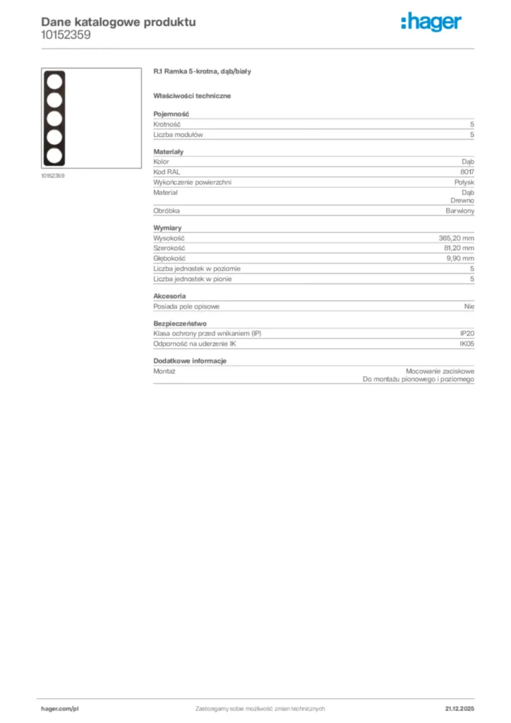 Zdjęcie Hager Dane katalogowe produktu 10152359 | Hager Polska