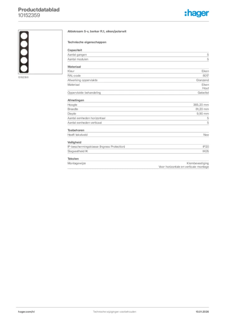 Afbeelding Hager Productdatablad 10152359 | Hager Nederland