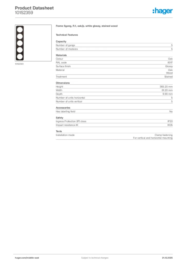 Image Hager Product data sheet 10152359  | Hager