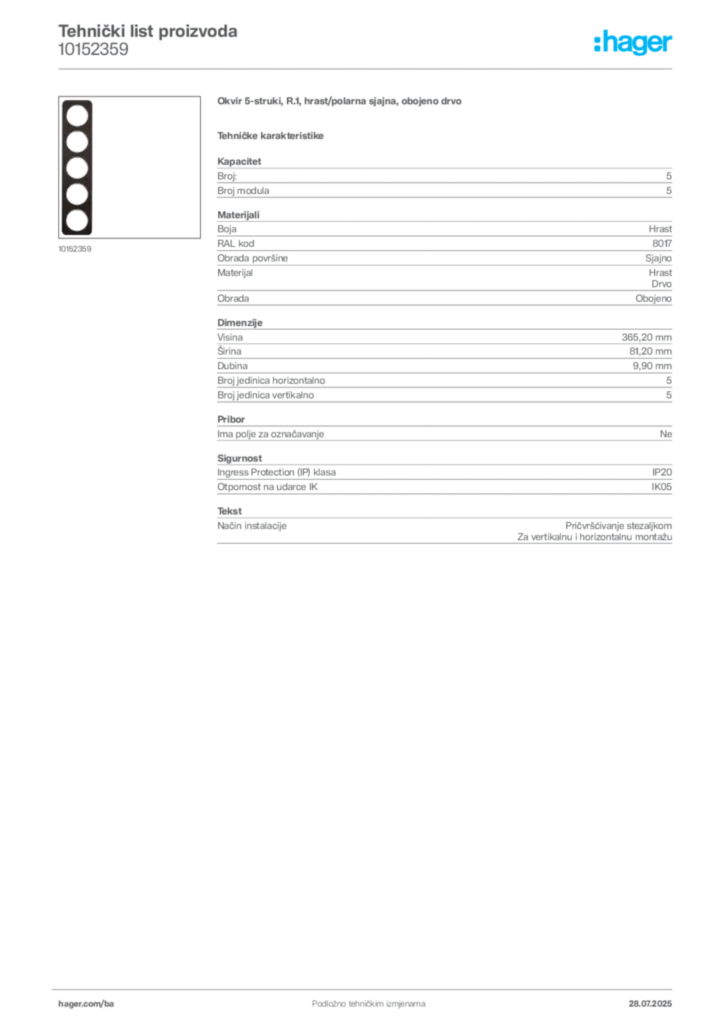 Slika Hager Product data sheet 10152359  | Hager
