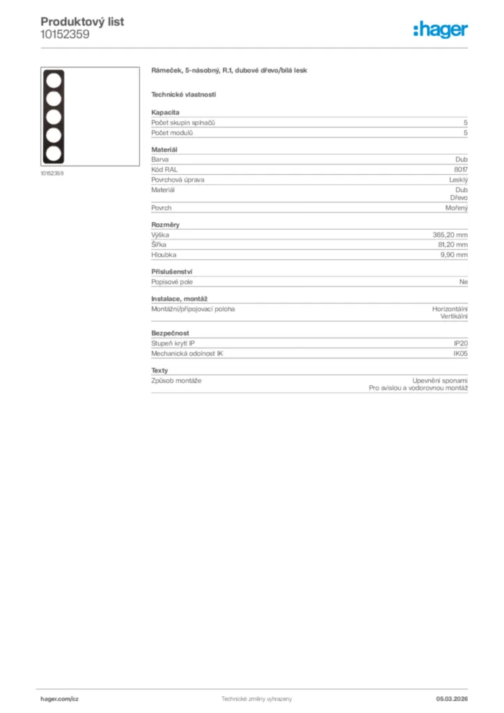 Obrázek Hager Product data sheet 10152359 | Hager