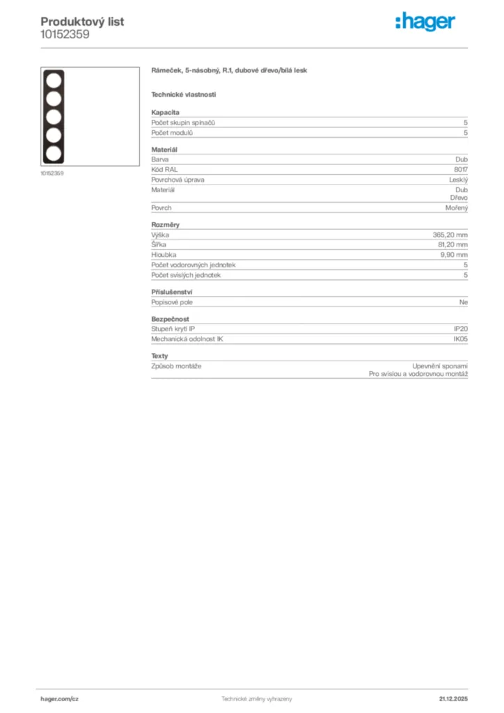 Obrázek Hager Produktový list 10152359 | Hager