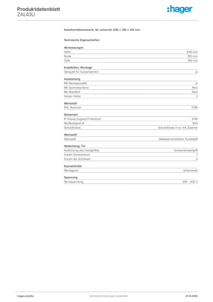 Bild Hager Produktdatenblatt ZAL43U | Hager Deutschland