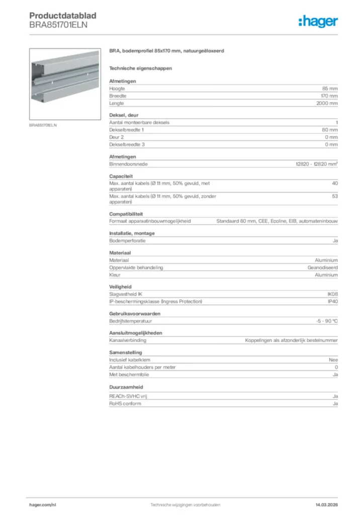 Afbeelding Hager Productdatablad BRA851701ELN | Hager Nederland