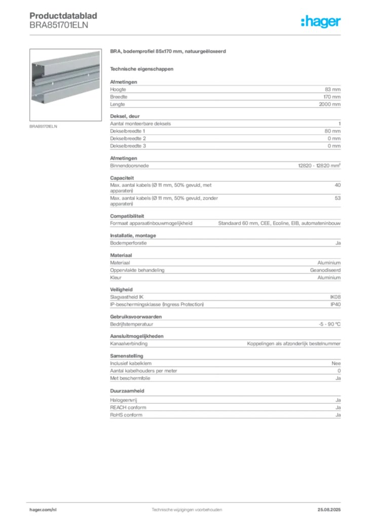 Afbeelding Hager Productdatablad BRA851701ELN | Hager Nederland