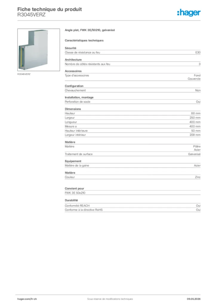 Image Hager Fiche technique du produit R3045VERZ | Hager Suisse