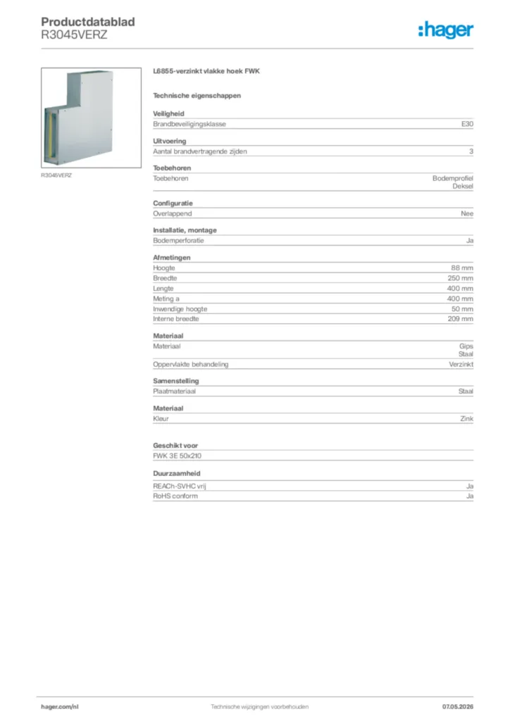 Afbeelding Hager Productdatablad R3045VERZ | Hager Nederland