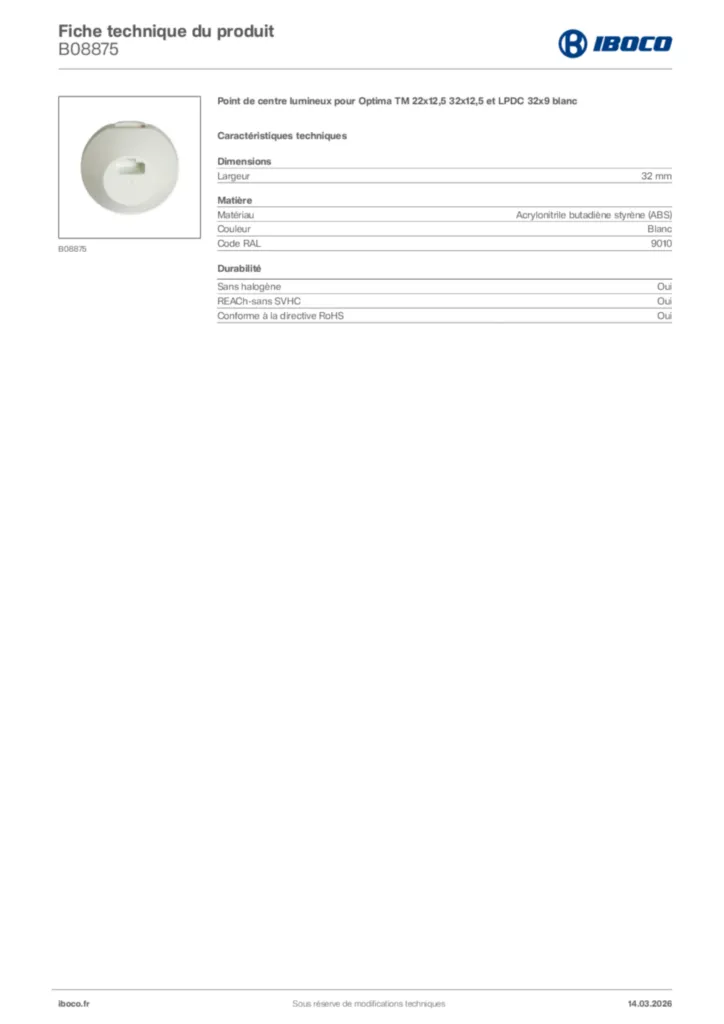 Image Iboco Fiche technique du produit B08875 | Hager France