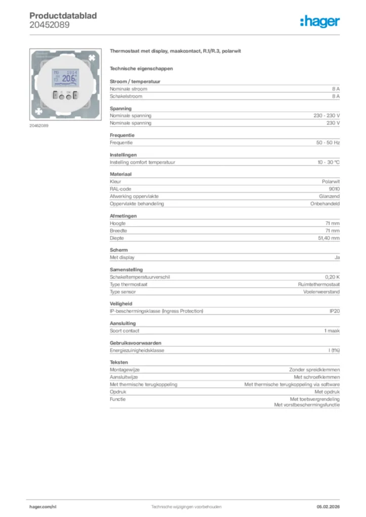 Afbeelding Hager Productdatablad 20452089 | Hager Nederland
