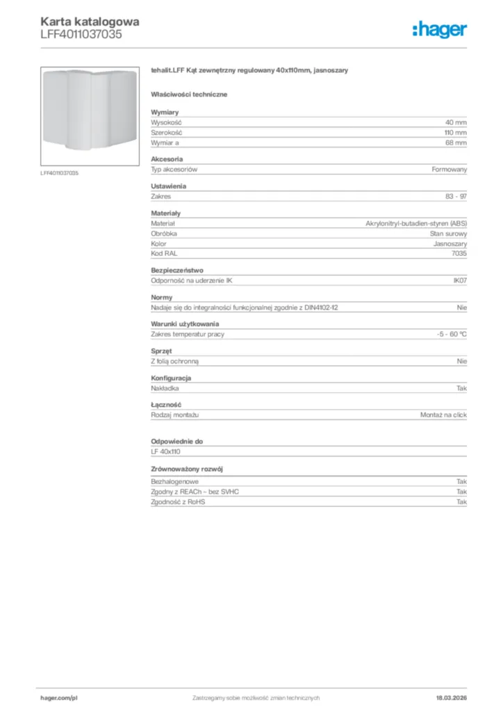 Zdjęcie Hager Karta katalogowa LFF4011037035 | Hager Polska