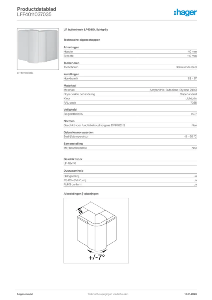 Afbeelding Hager Productdatablad LFF4011037035 | Hager Nederland