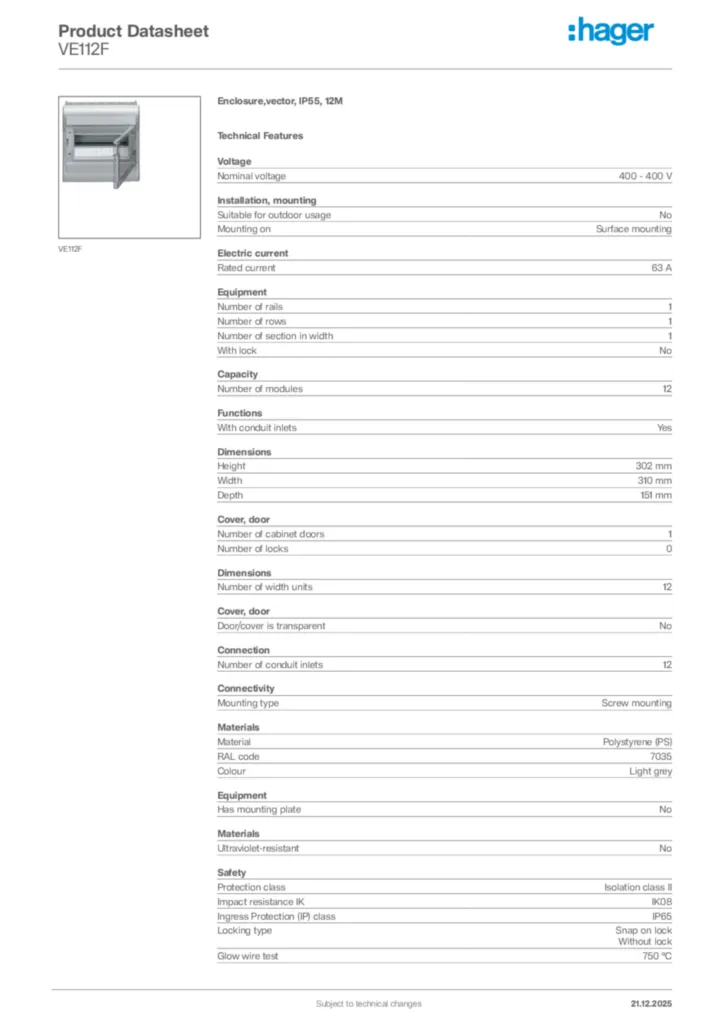Image Hager Product data sheet VE112F  | Hager Africa